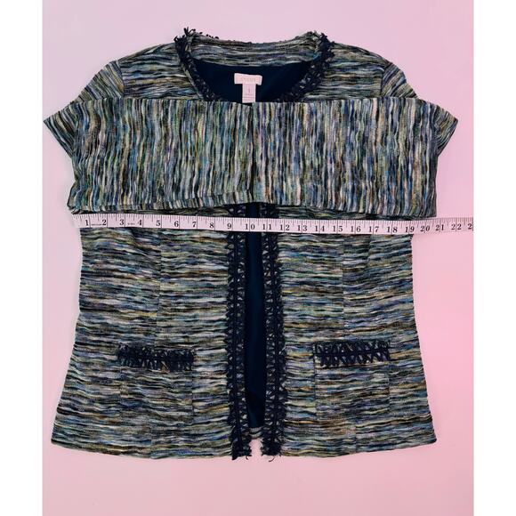 Chico’s Green Teal Tweed Open Front Blazer Cardigan Jacket Size 1 (Medium) - Picture 8 of 9